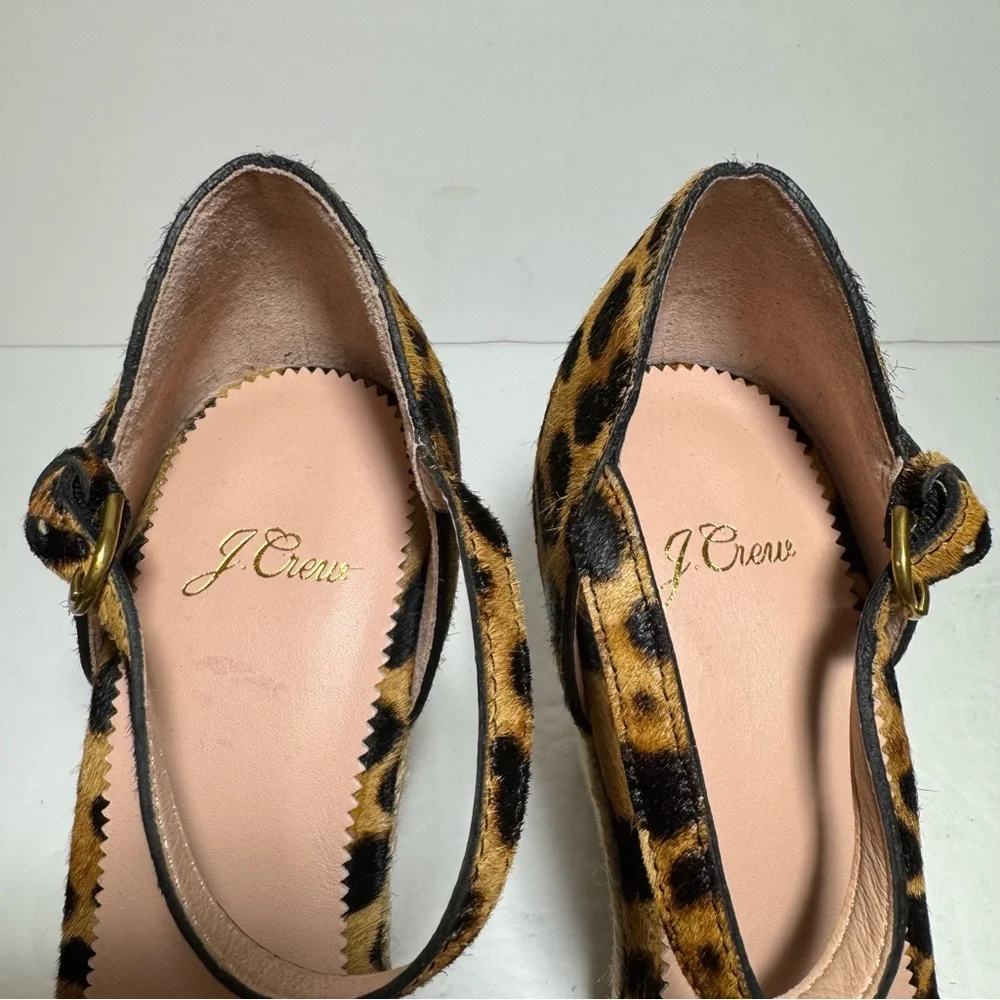 New J. CREW Leopard Print Calf Hair Tan Black Wedge Espadrille Sandals Size 9.5